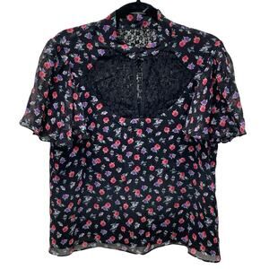 Nanette Lepore Silk Blouse Top Shirt Flutter Sleeve with Lace Floral M